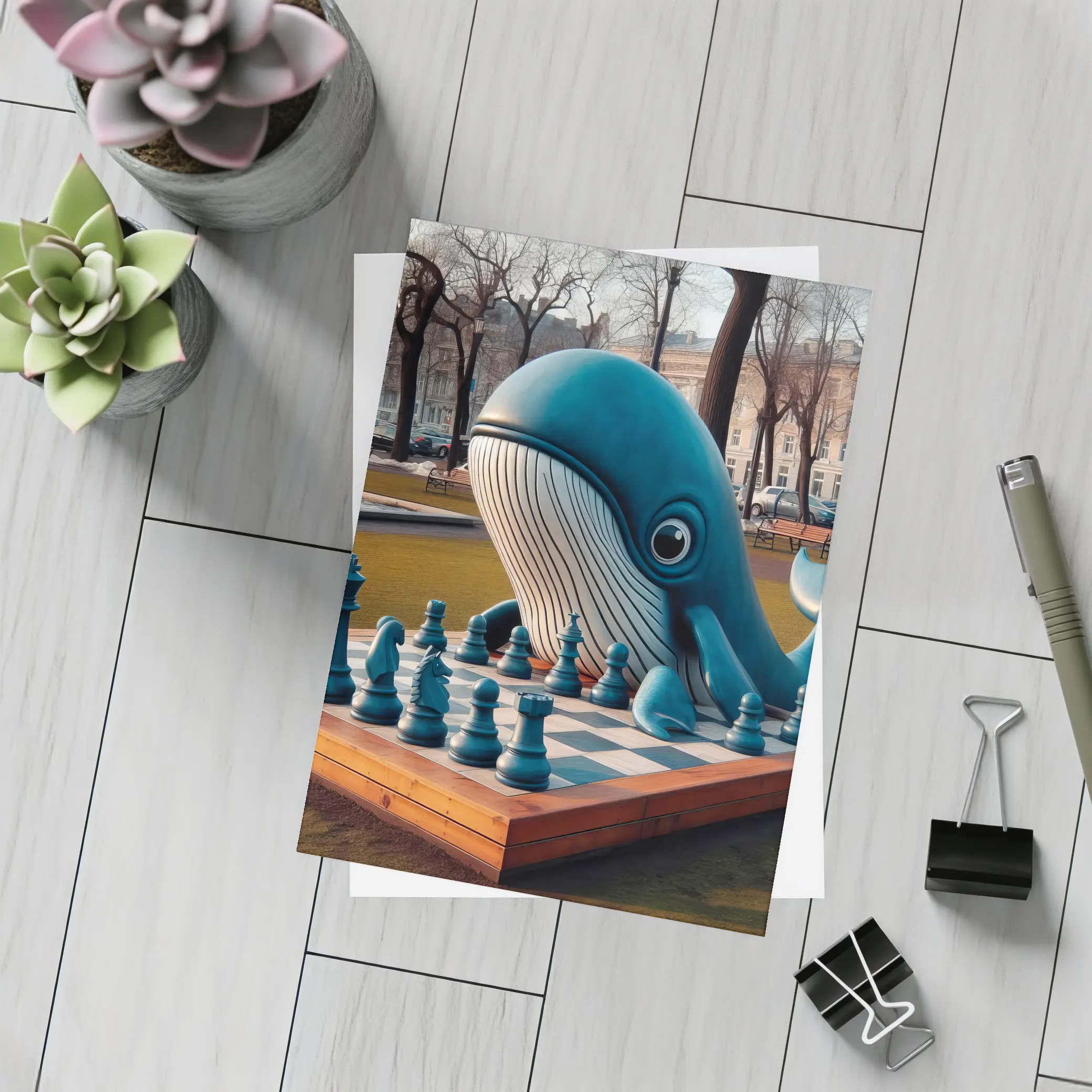 Blue Whale Playing Chess In Park – Postcards