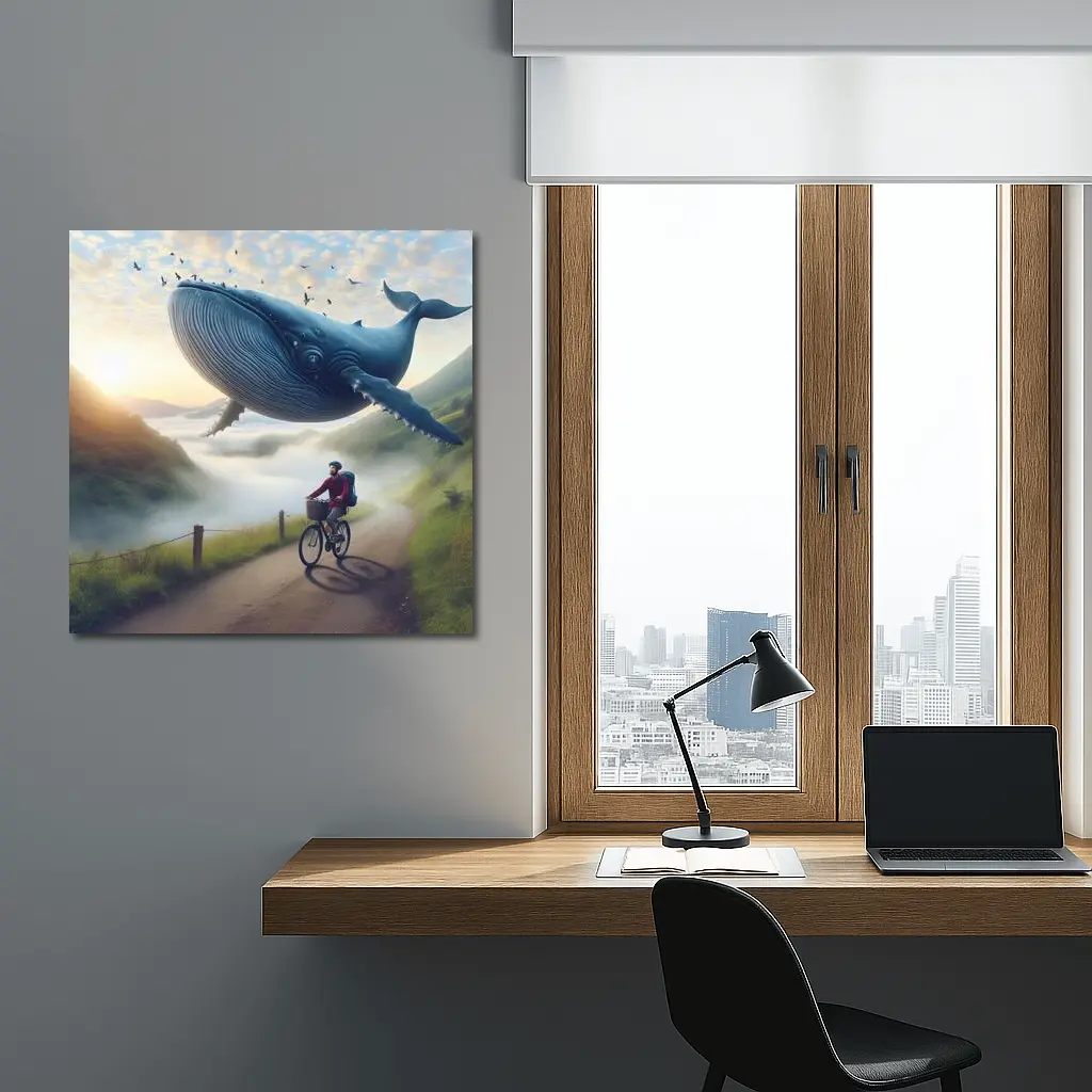 Giant Whale Flying Over Mountain Road Cyclist – Wall Art