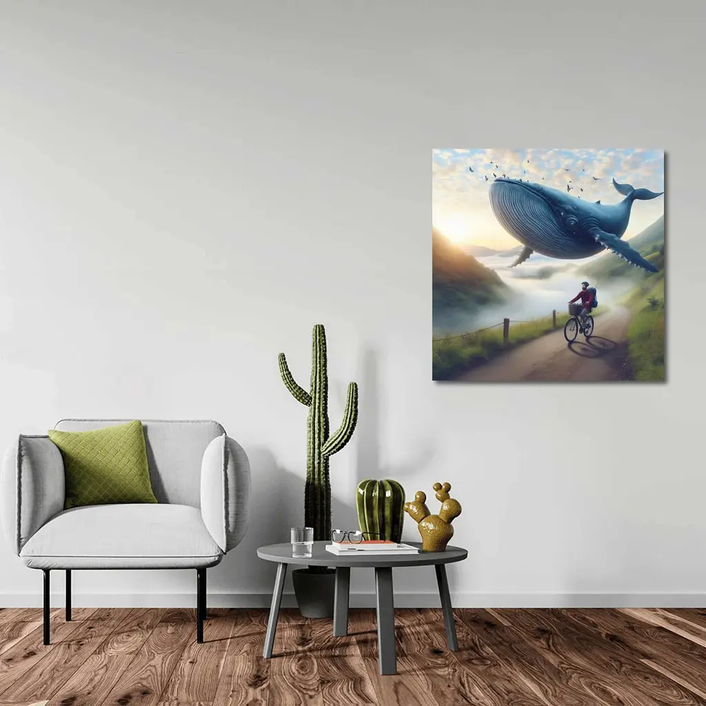 Giant Whale Flying Over Mountain Road Cyclist – Wall Art