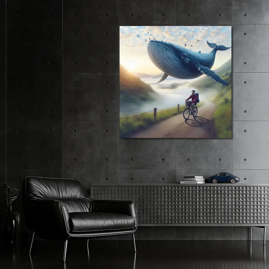Giant Whale Flying Over Mountain Road Cyclist – Wall Art
