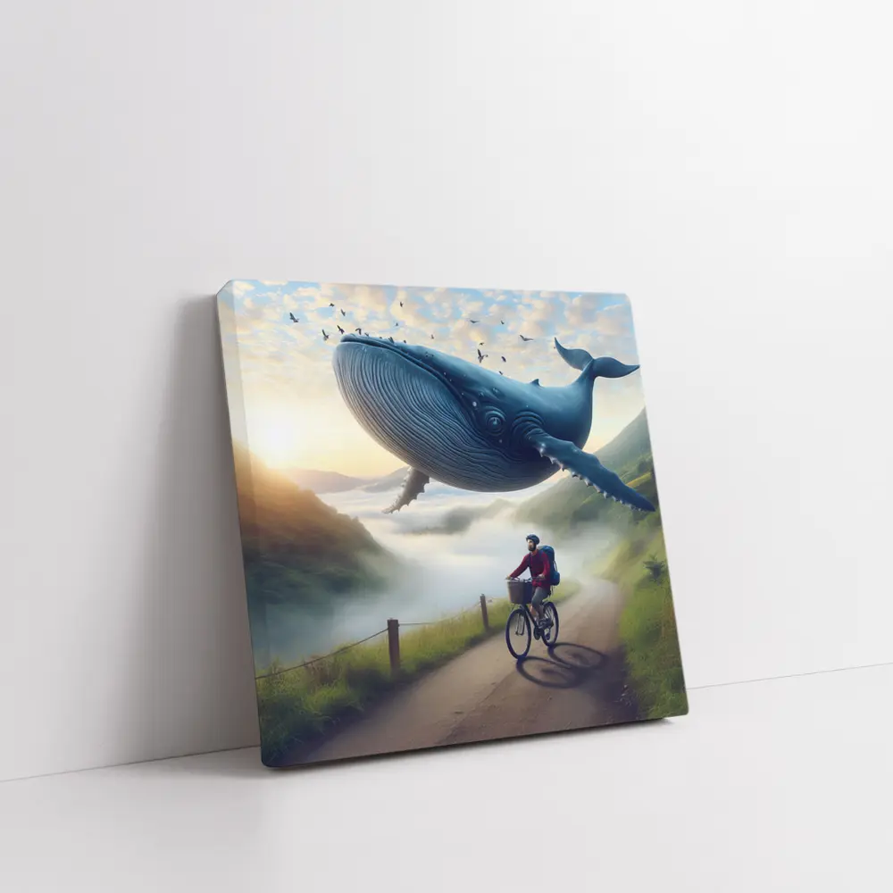 Giant Whale Flying Over Mountain Road Cyclist – Wall Art