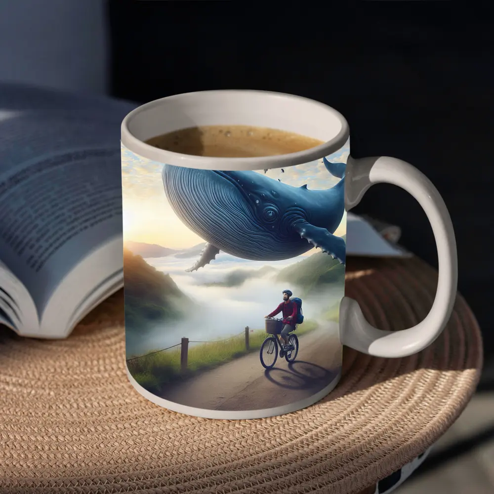 Giant Whale Flying Over Mountain Road Cyclist – Mugs