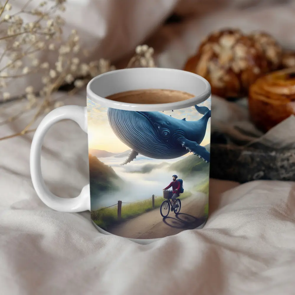 Giant Whale Flying Over Mountain Road Cyclist – Mugs