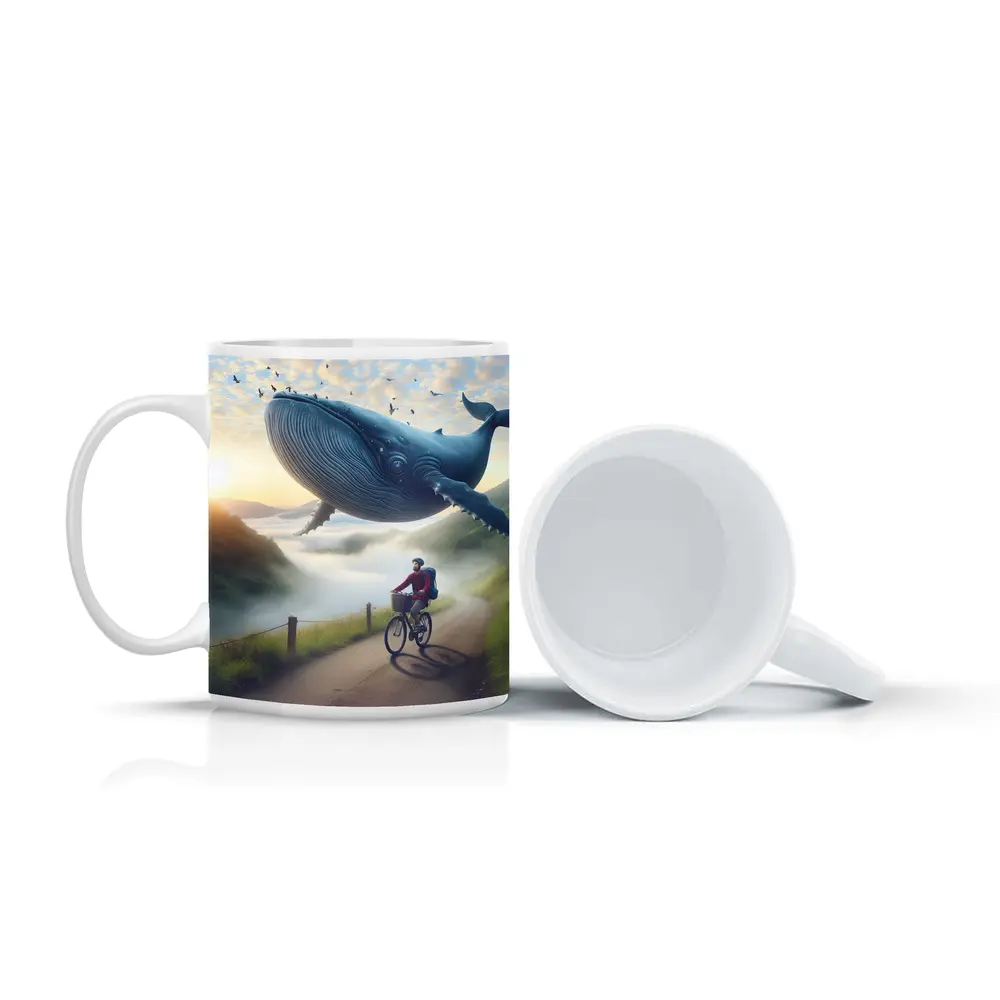 Giant Whale Flying Over Mountain Road Cyclist – Mugs