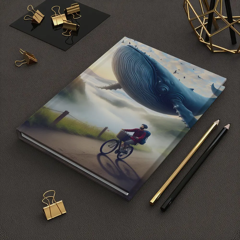 Giant Whale Flying Over Mountain Road Cyclist – Notebooks