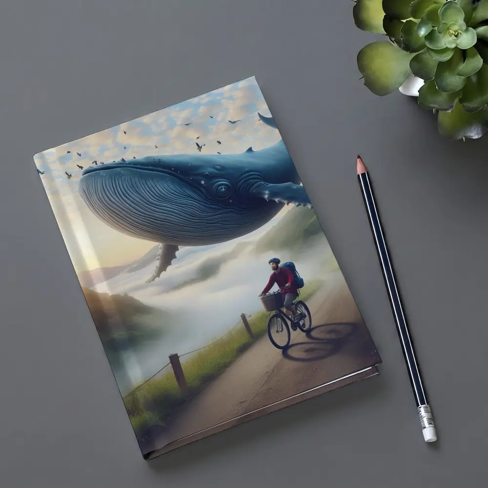 Giant Whale Flying Over Mountain Road Cyclist – Notebooks