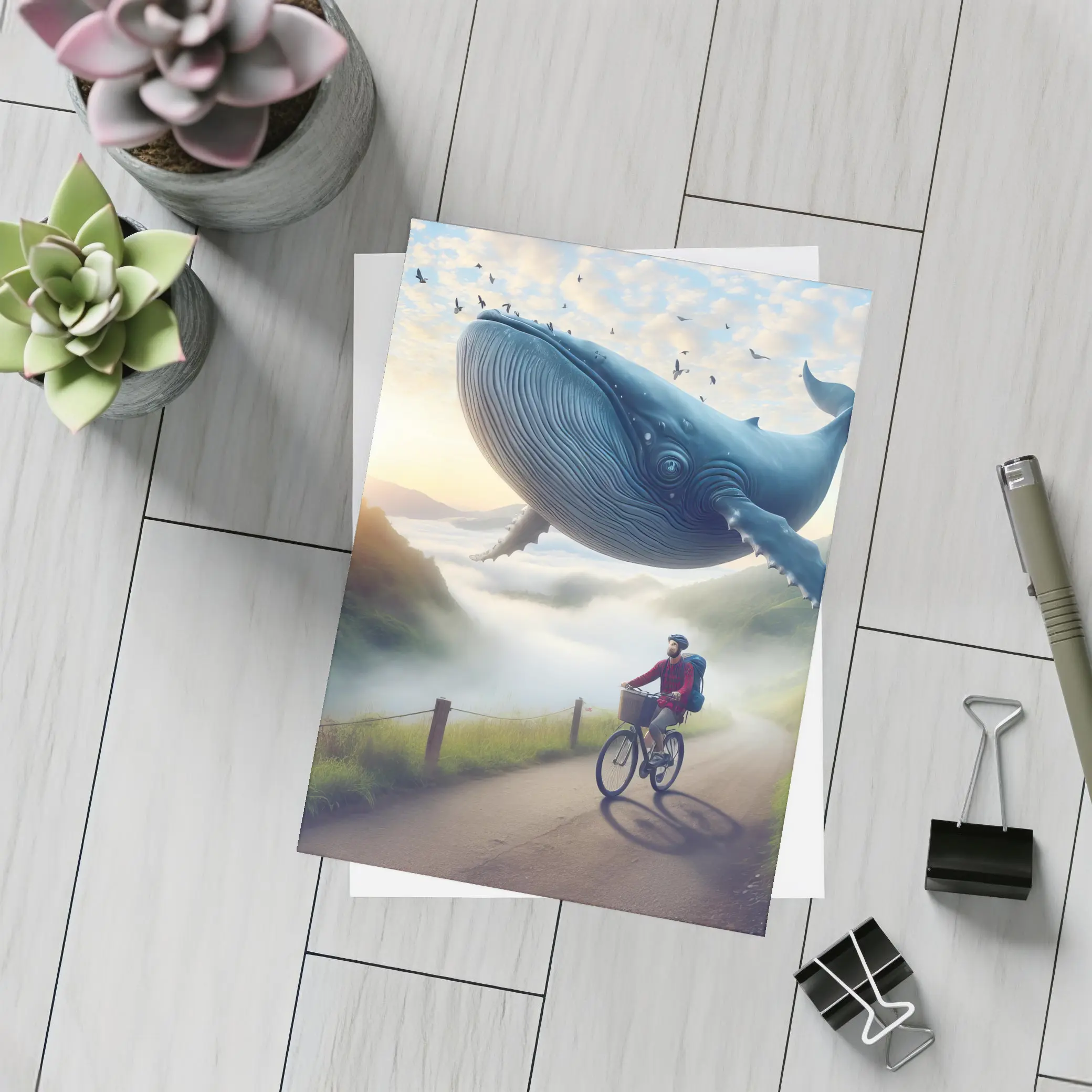Giant Whale Flying Over Mountain Road Cyclist – Postcards