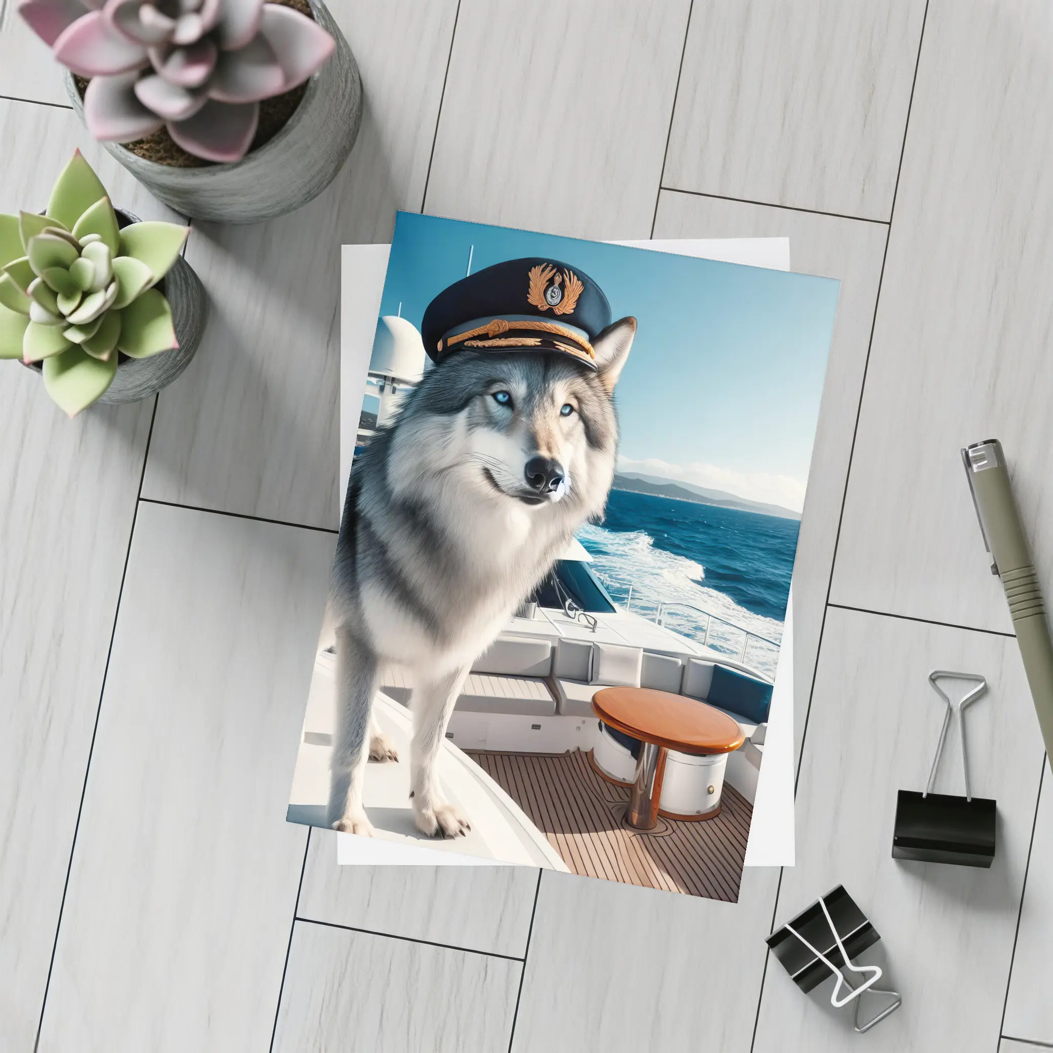 Wolf Captain Hat Yacht Ocean Background – Postcards