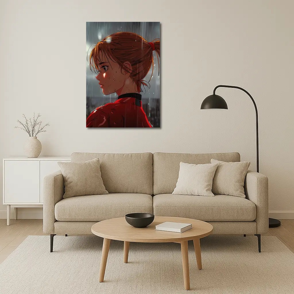 Anime Girl Red Jacket Standing in Rain – Wall Art