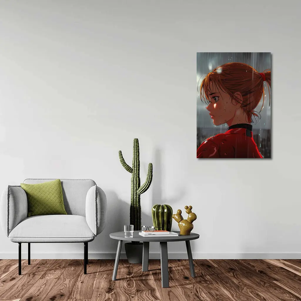 Anime Girl Red Jacket Standing in Rain – Wall Art