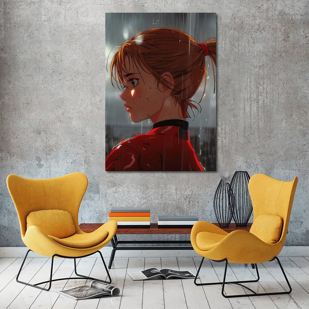 Anime Girl Red Jacket Standing in Rain – Wall Art