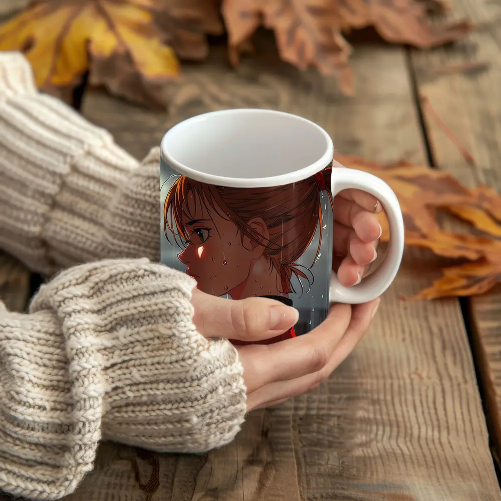 Anime Girl Red Jacket Standing in Rain – Mugs