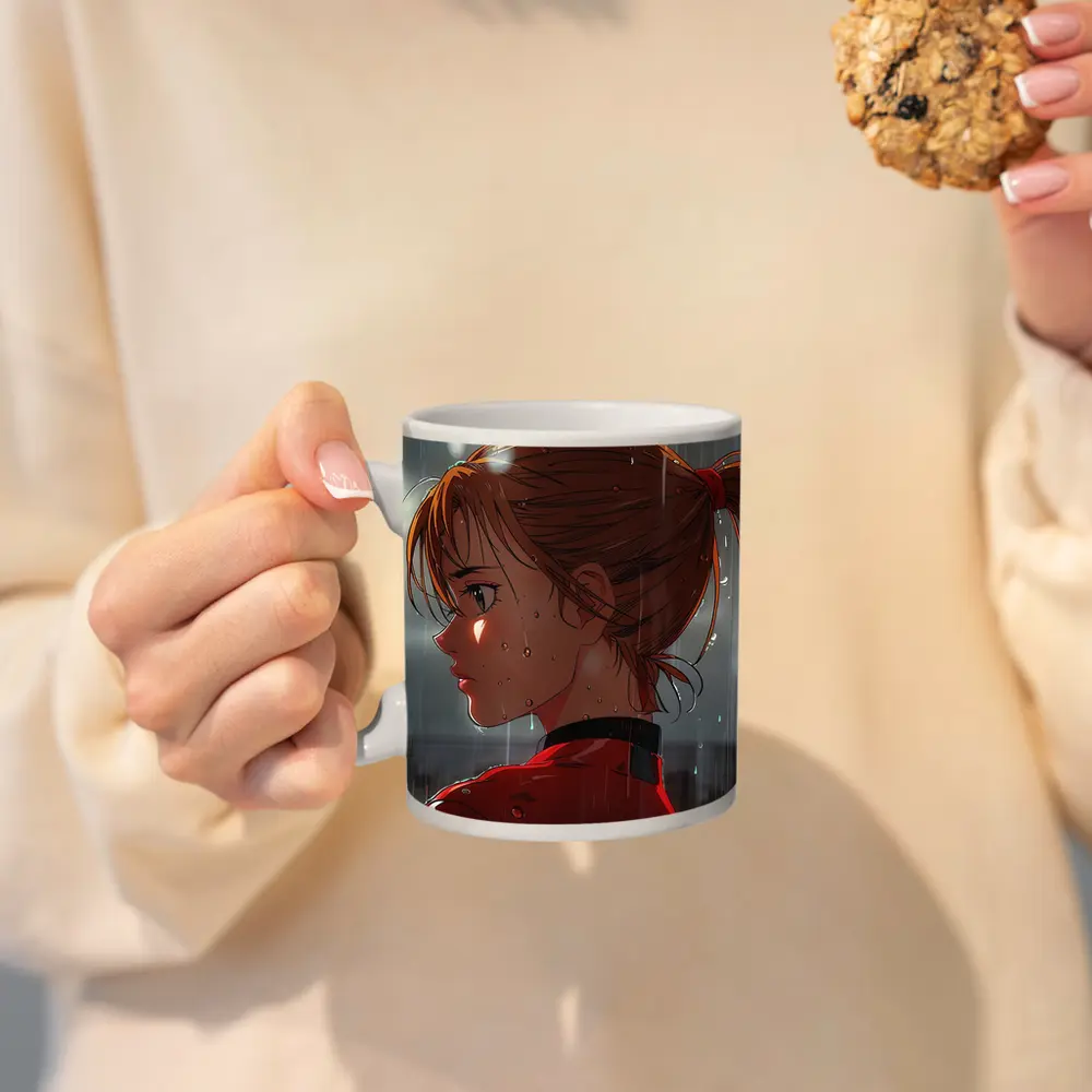 Anime Girl Red Jacket Standing in Rain – Mugs