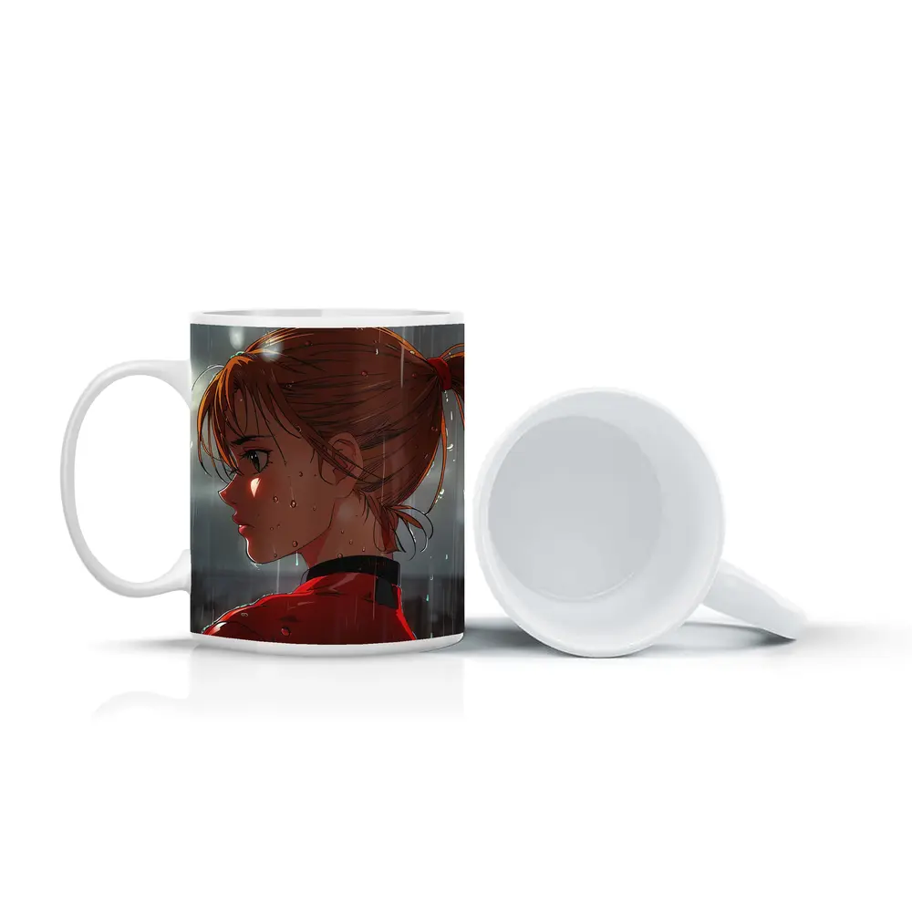 Anime Girl Red Jacket Standing in Rain – Mugs
