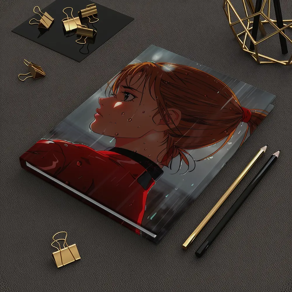 Anime Girl Red Jacket Standing in Rain – Notebooks