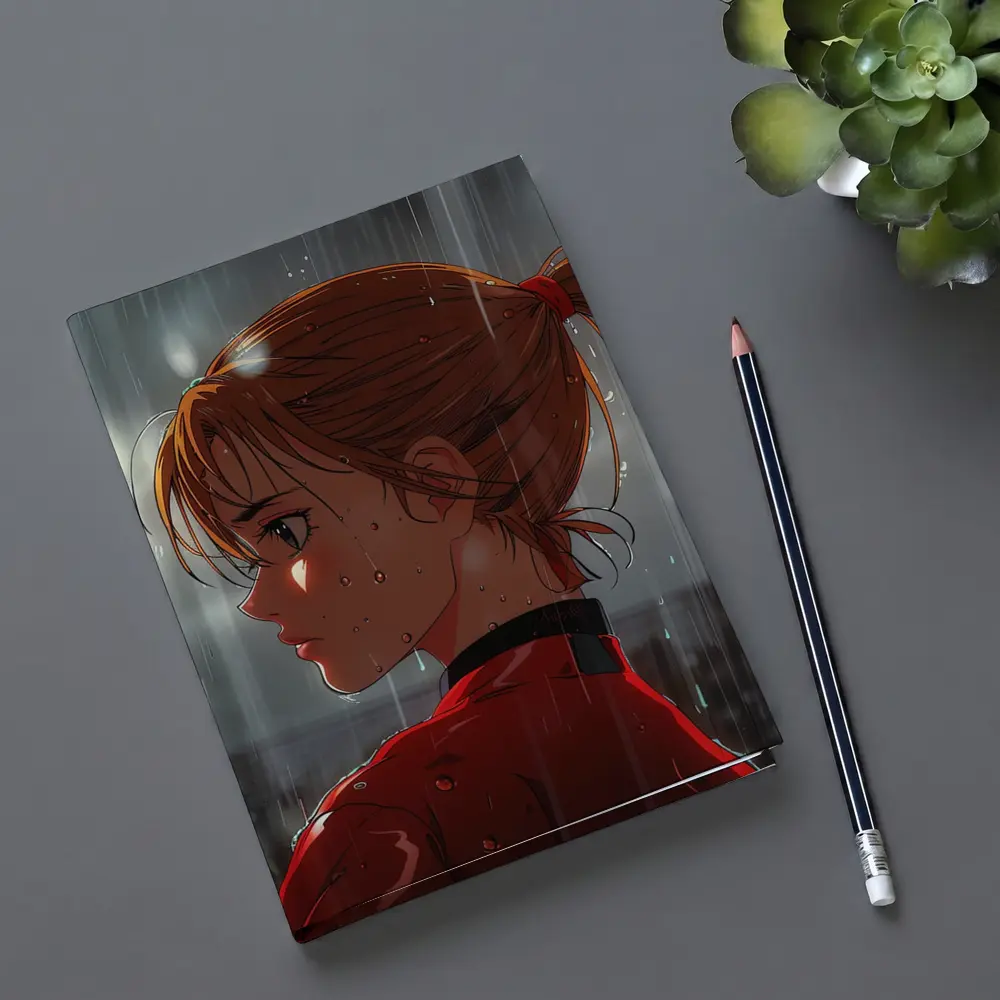 Anime Girl Red Jacket Standing in Rain – Notebooks