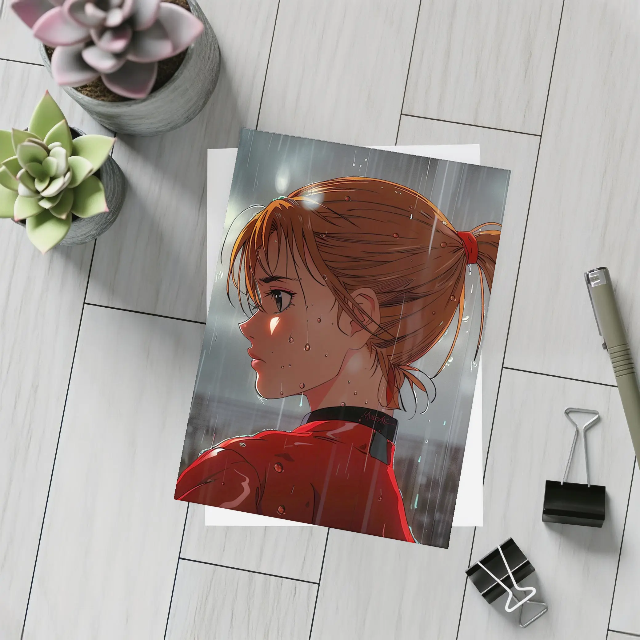 Anime Girl Red Jacket Standing in Rain – Postcards