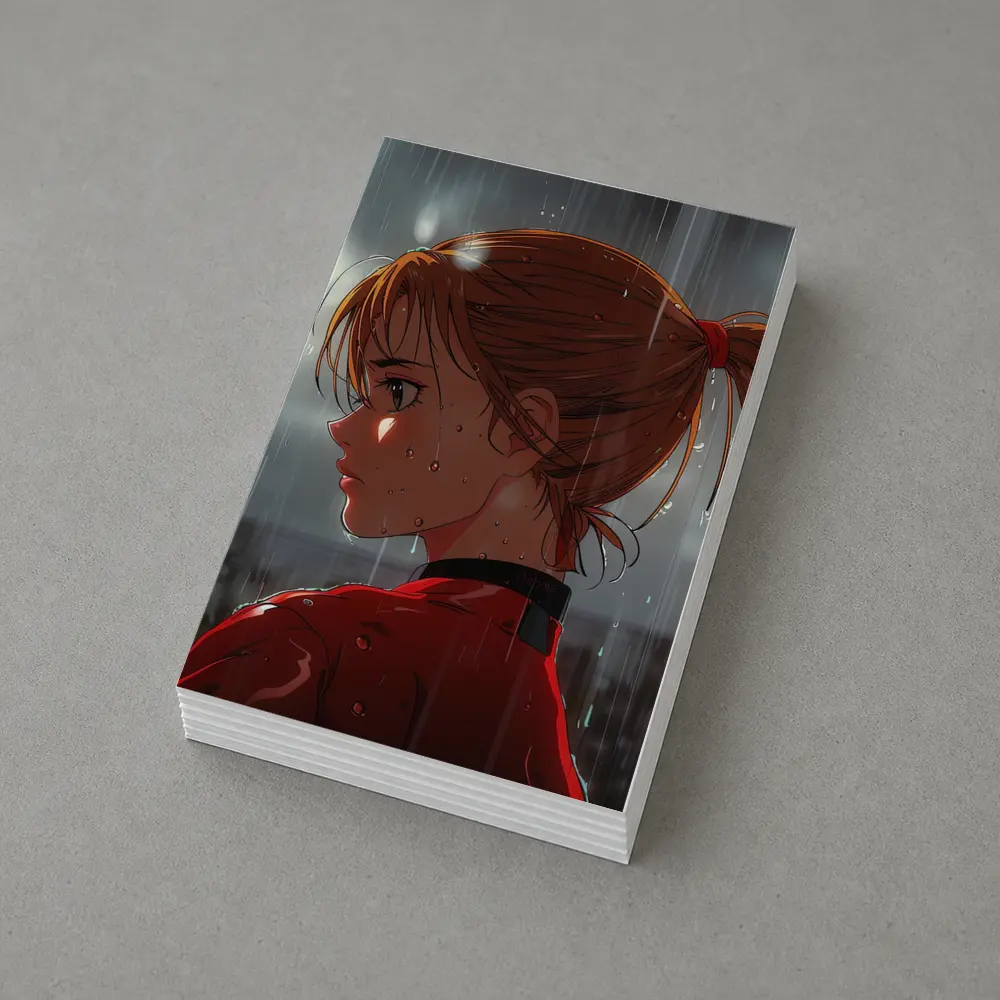 Anime Girl Red Jacket Standing in Rain – Postcards