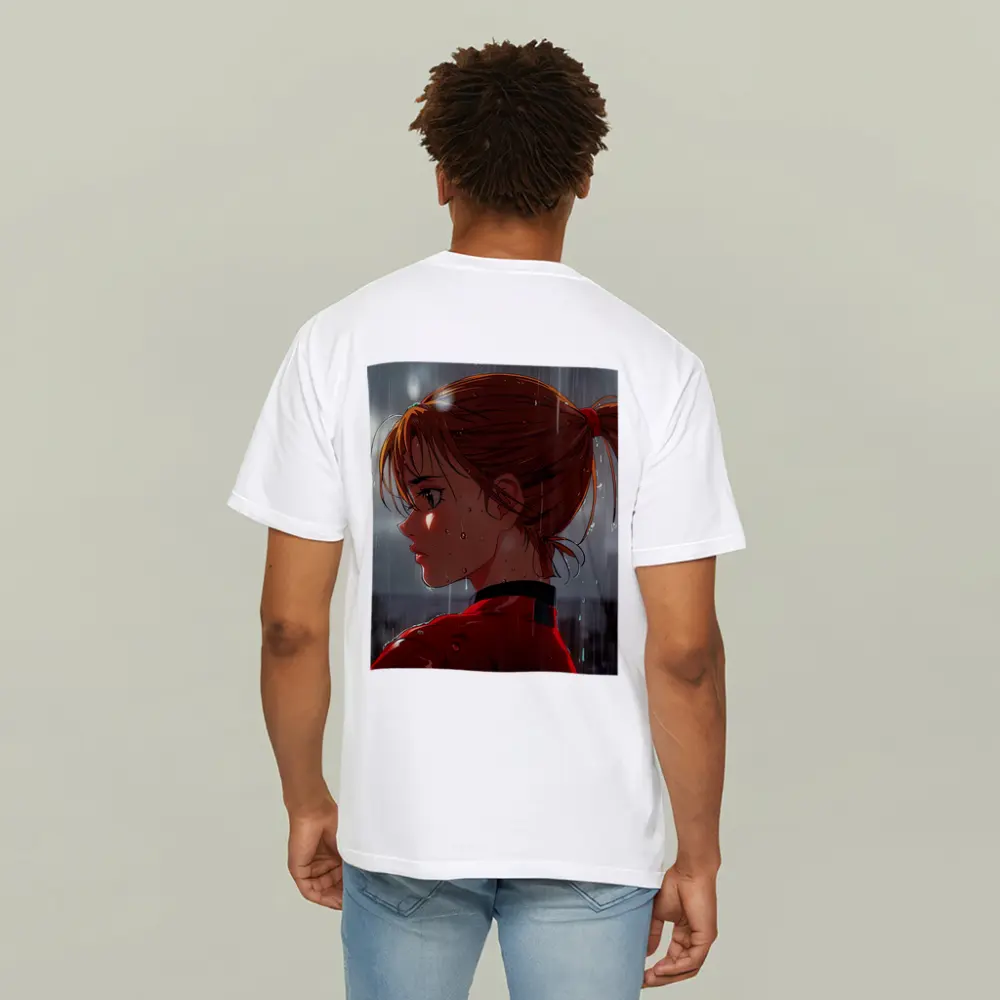Anime Girl Red Jacket Standing in Rain – T-Shirts