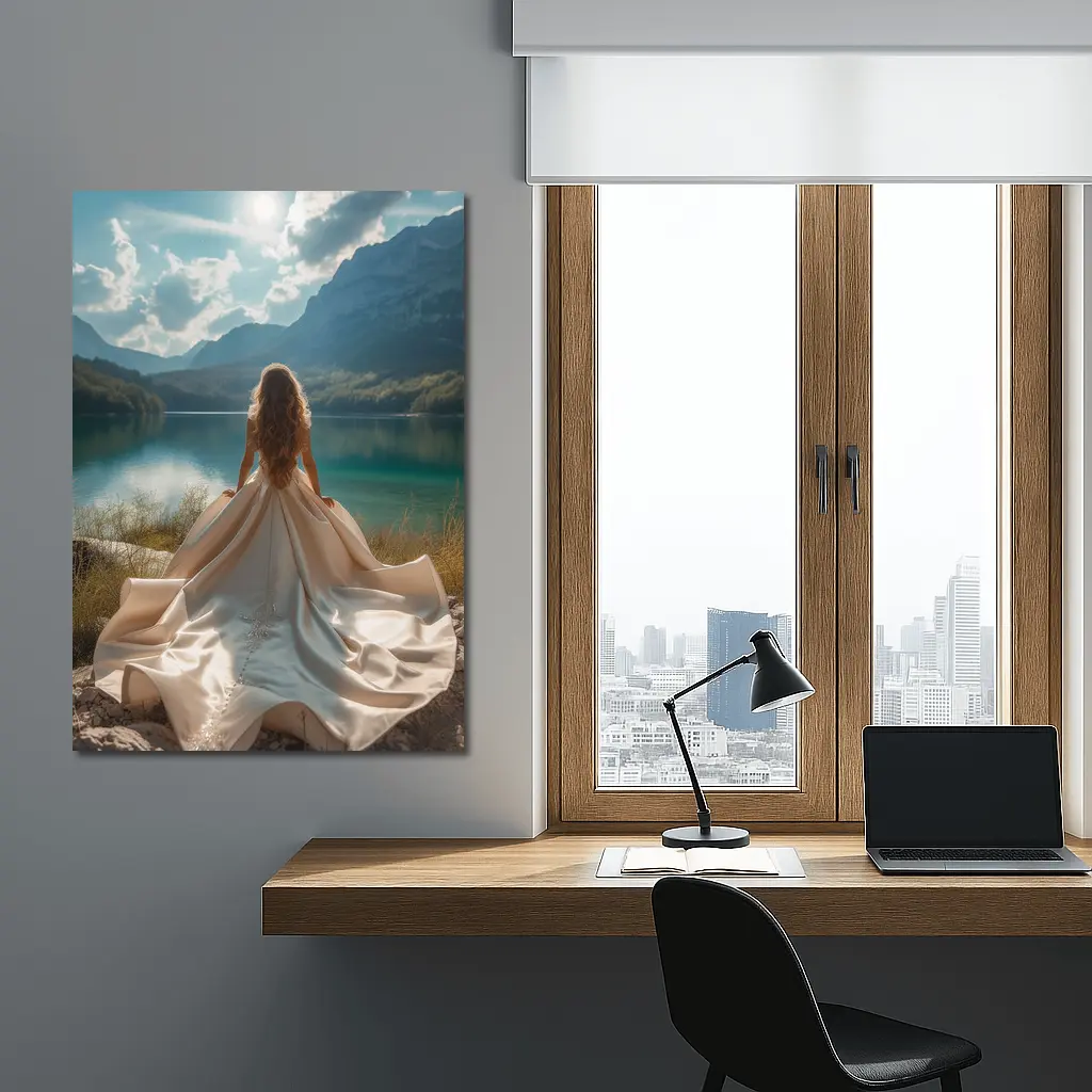 Woman White Gown Mountain Lake View – Wall Art