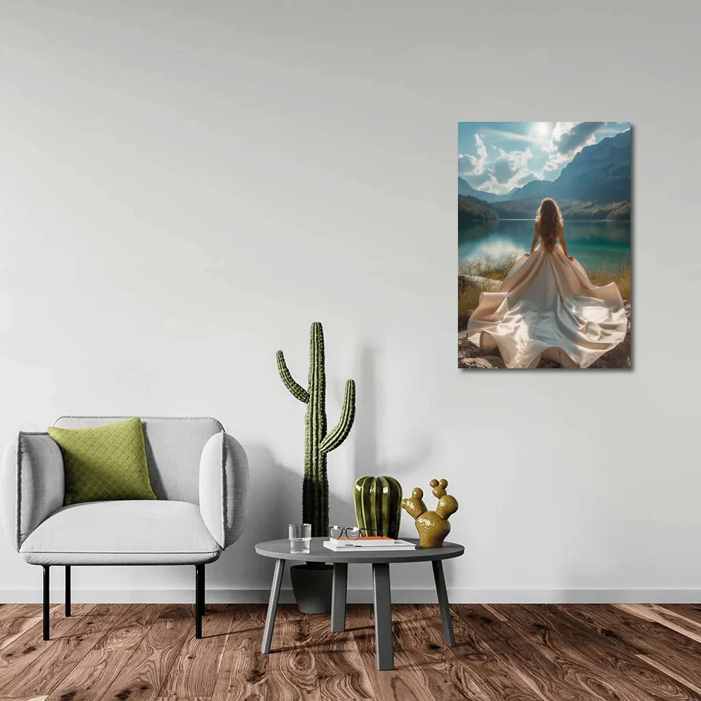 Woman White Gown Mountain Lake View – Wall Art