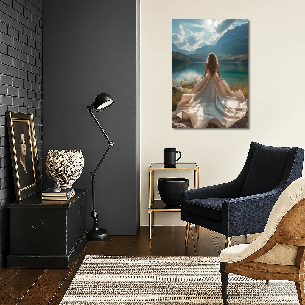 Woman White Gown Mountain Lake View – Wall Art