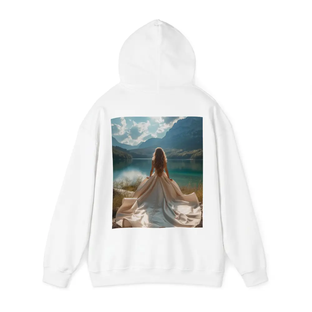 Woman White Gown Mountain Lake View – Hoodies