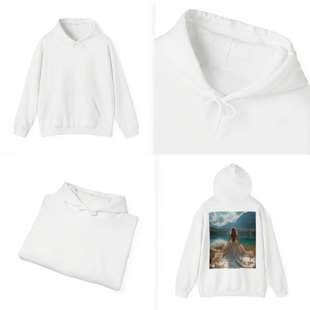 Woman White Gown Mountain Lake View – Hoodies
