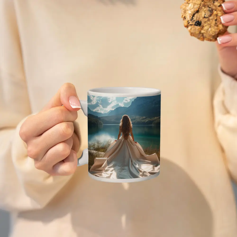 Woman White Gown Mountain Lake View – Mugs