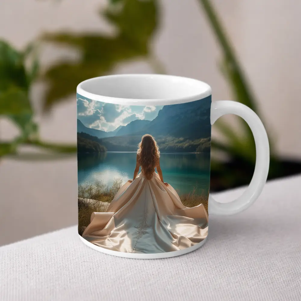 Woman White Gown Mountain Lake View – Mugs