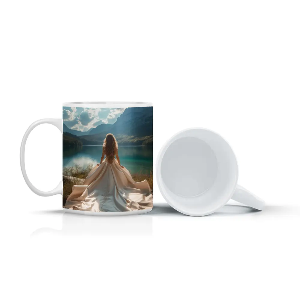 Woman White Gown Mountain Lake View – Mugs
