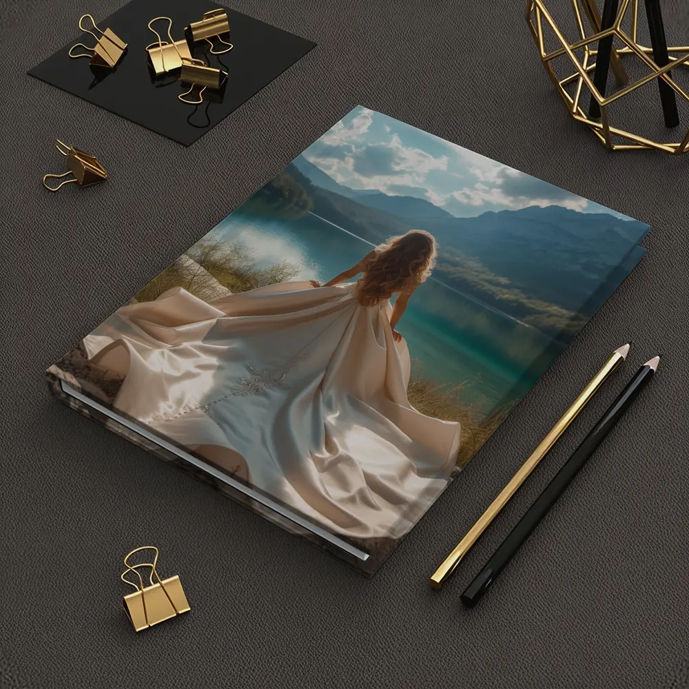Woman White Gown Mountain Lake View – Notebooks