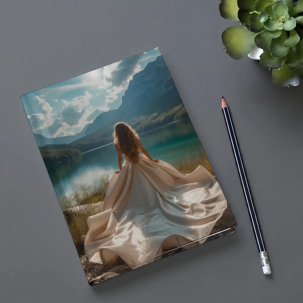 Woman White Gown Mountain Lake View – Notebooks