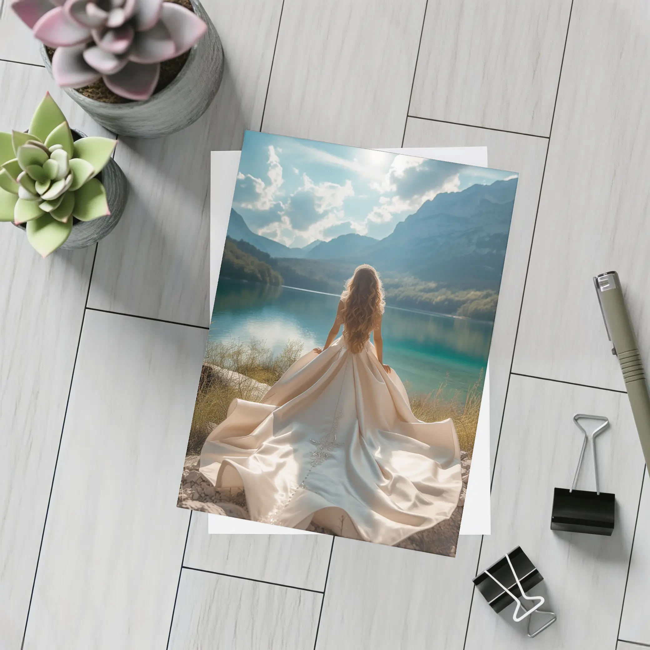Woman White Gown Mountain Lake View – Postcards