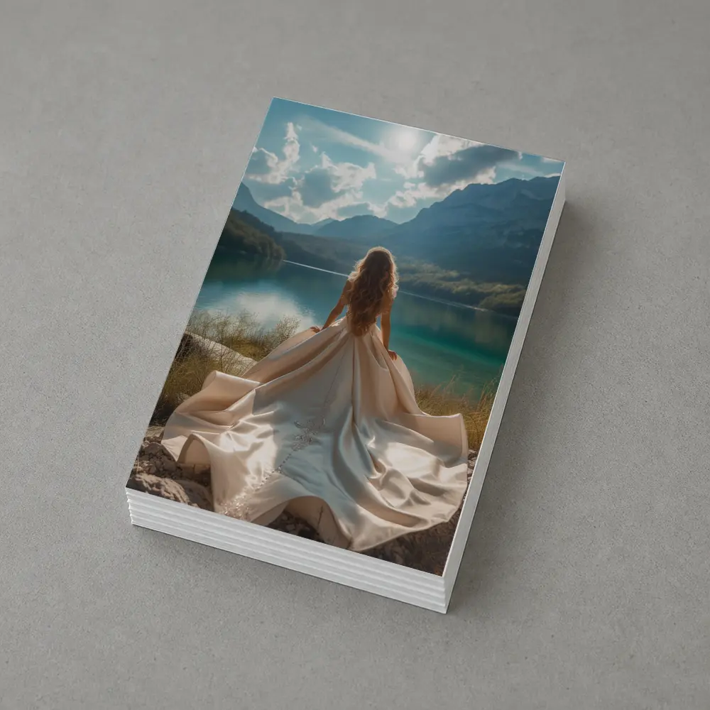 Woman White Gown Mountain Lake View – Postcards