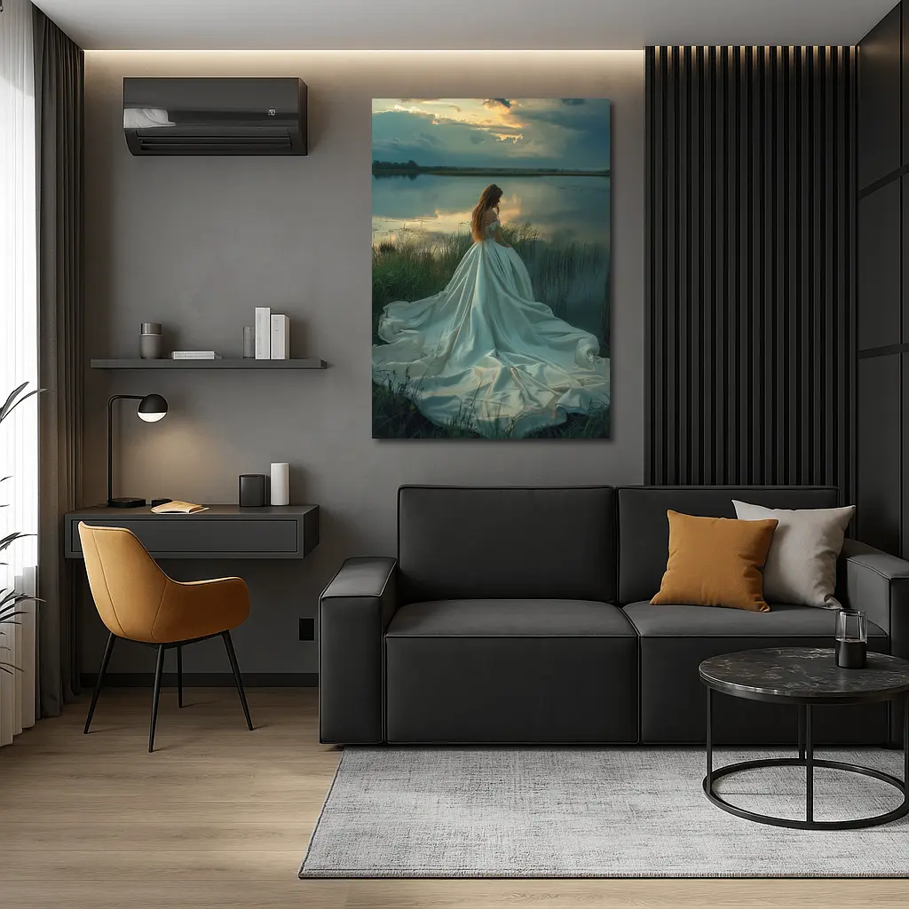 Woman White Gown Lake Sunset Landscape – Wall Art