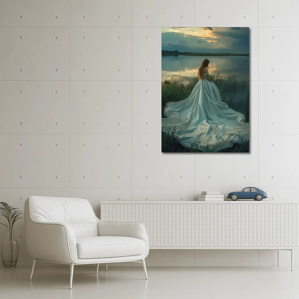 Woman White Gown Lake Sunset Landscape – Wall Art