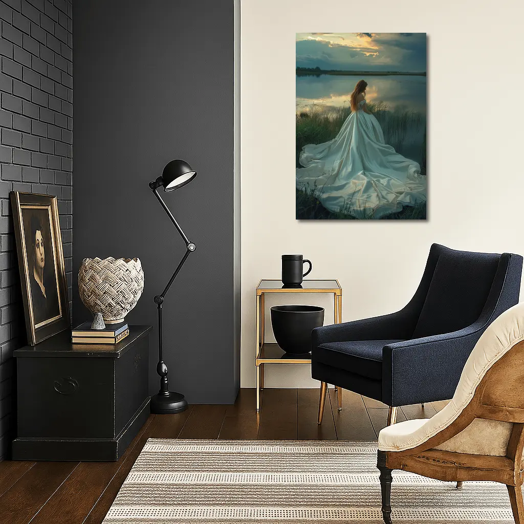 Woman White Gown Lake Sunset Landscape – Wall Art