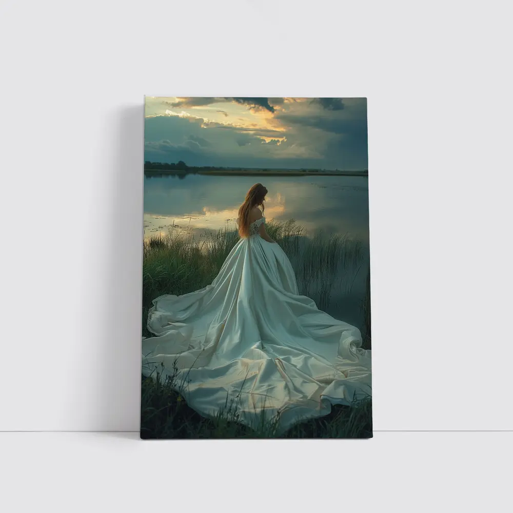 Woman White Gown Lake Sunset Landscape – Wall Art
