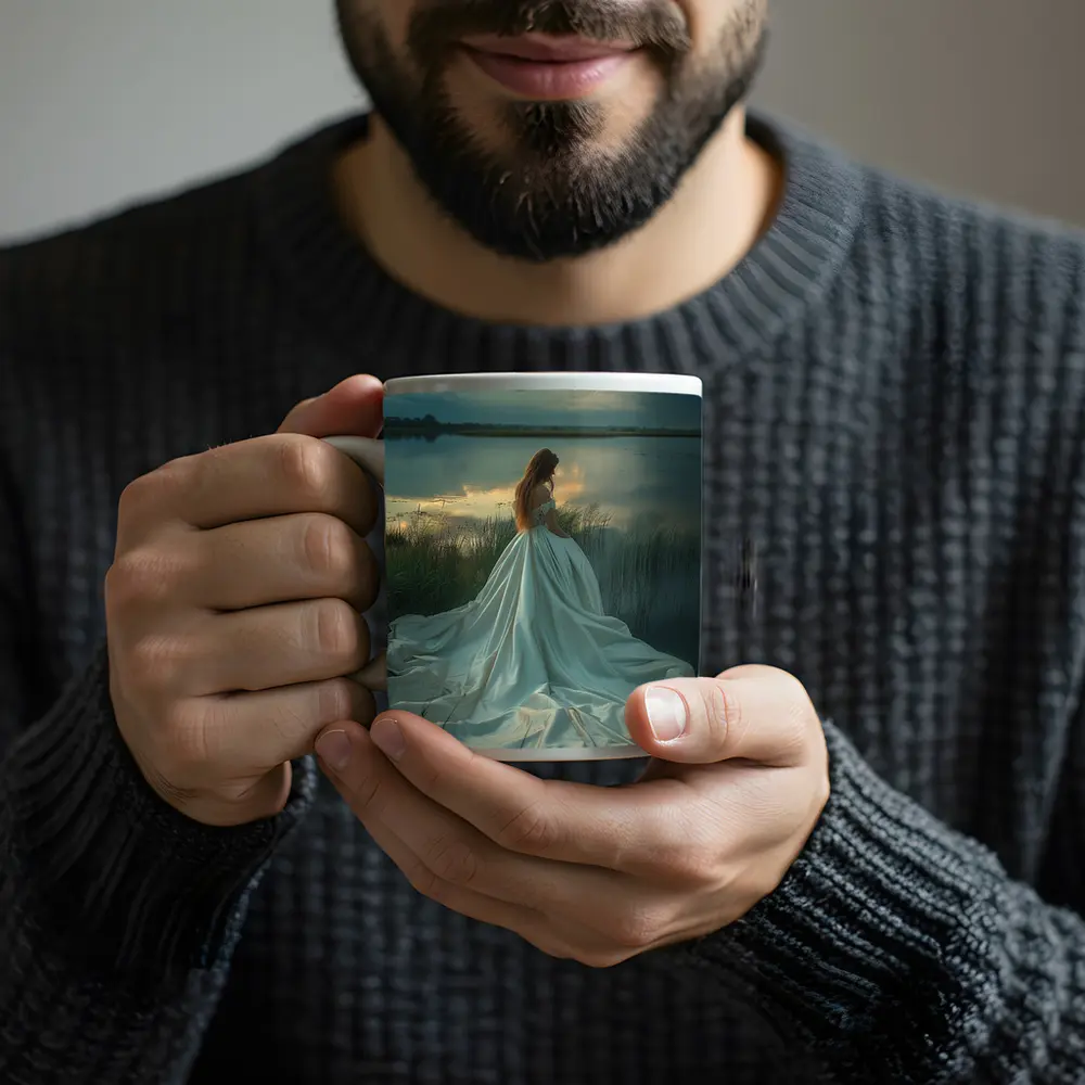 Woman White Gown Lake Sunset Landscape – Mugs