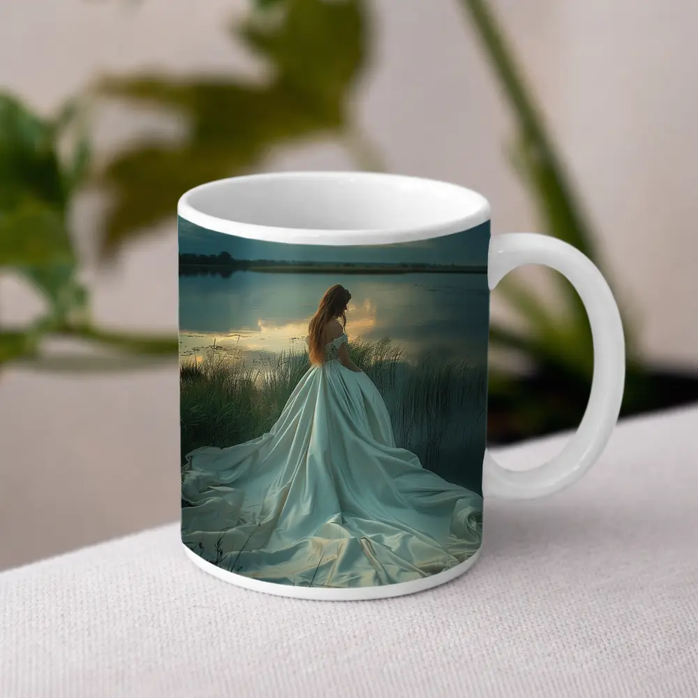 Woman White Gown Lake Sunset Landscape – Mugs