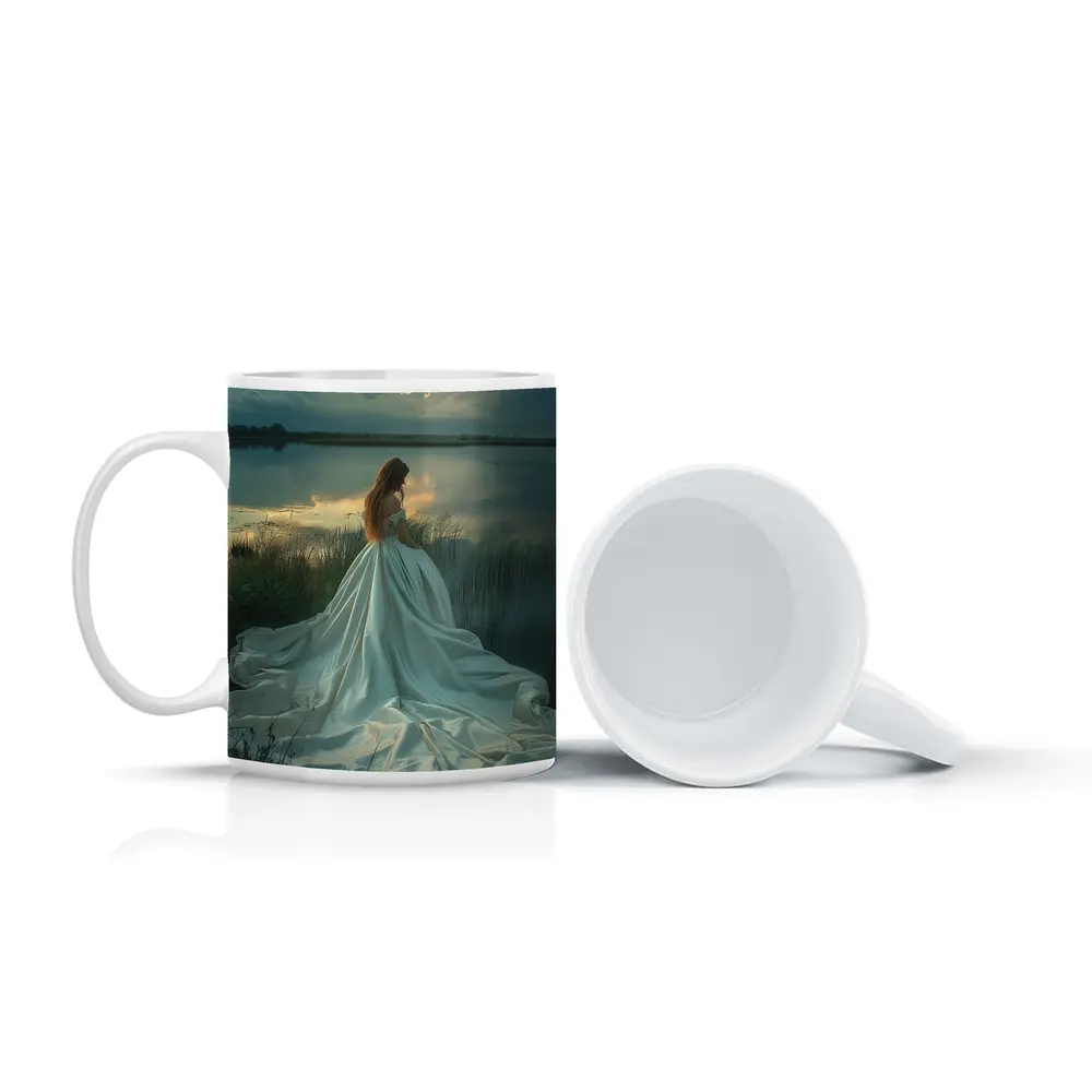 Woman White Gown Lake Sunset Landscape – Mugs