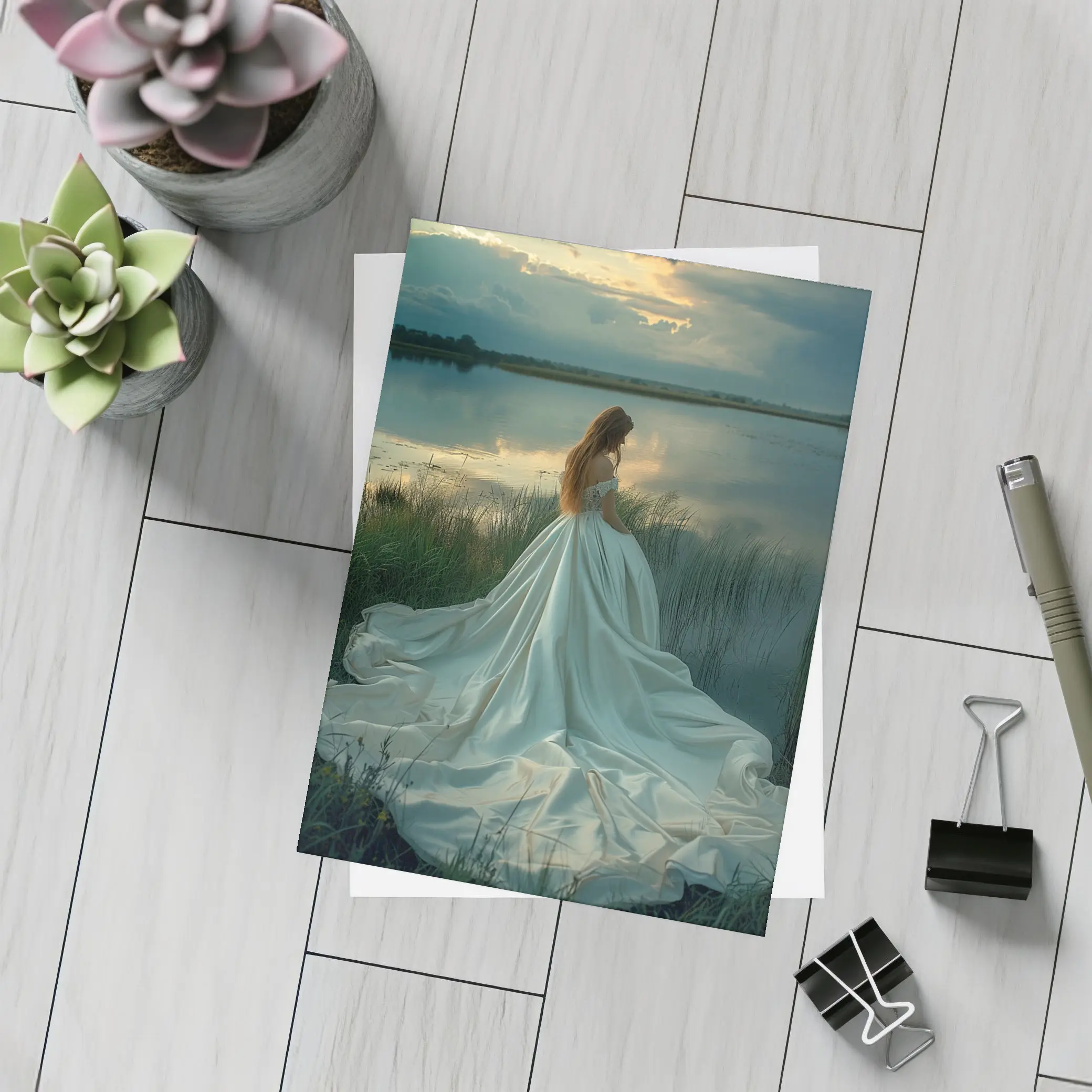 Woman White Gown Lake Sunset Landscape – Postcards