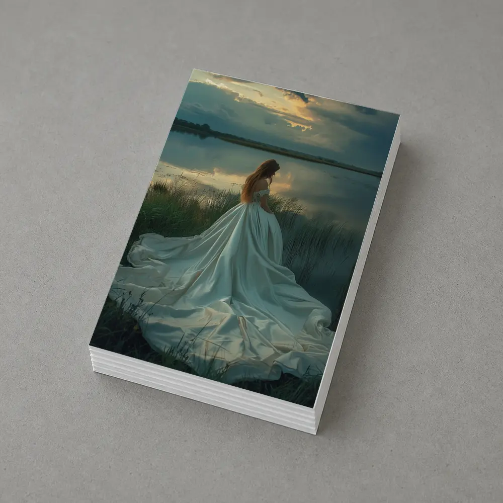 Woman White Gown Lake Sunset Landscape – Postcards