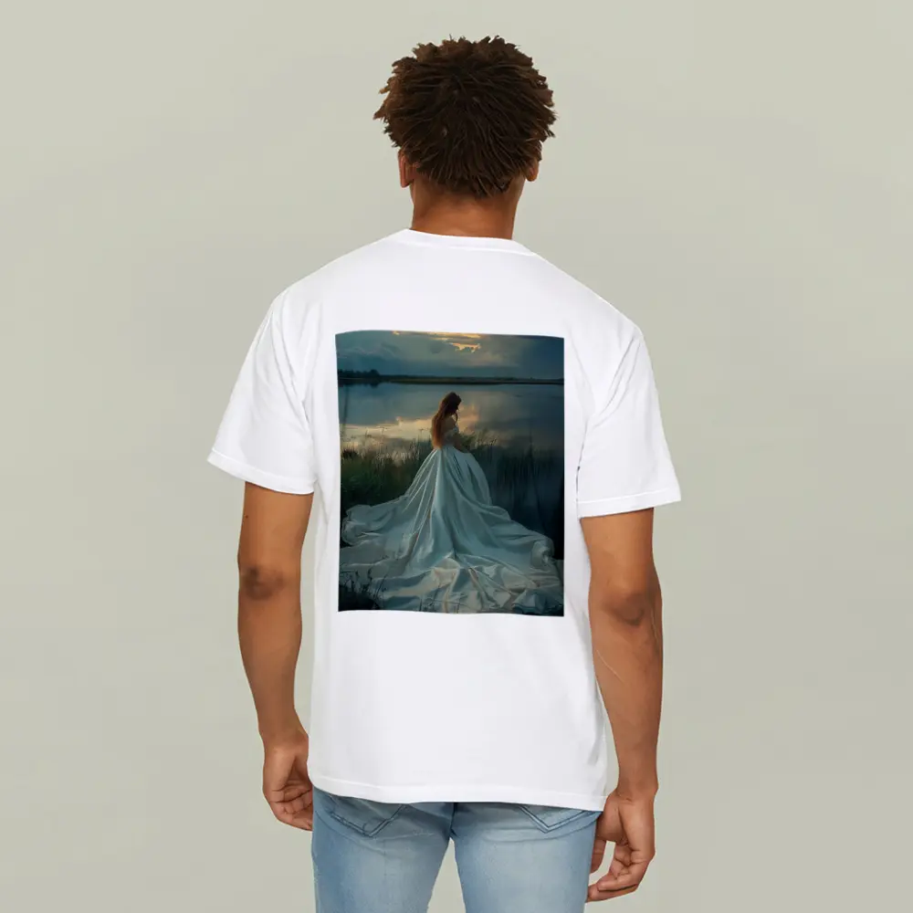 Woman White Gown Lake Sunset Landscape – T-Shirts