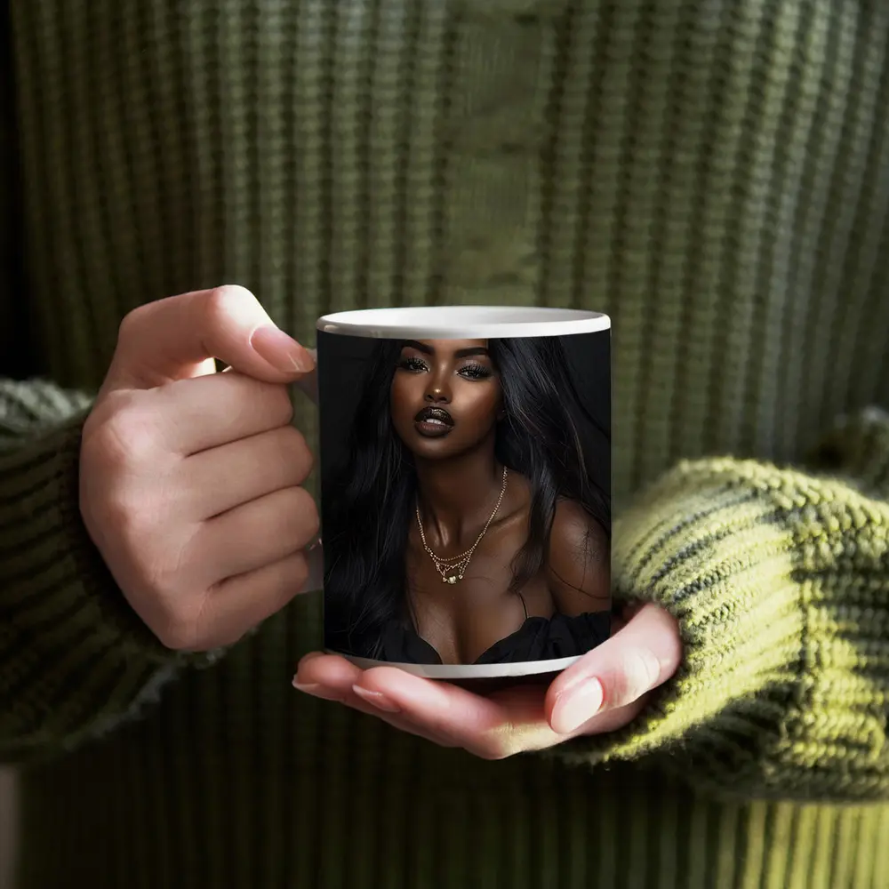 Elegant Black Woman Dark Studio Portrait – Mugs