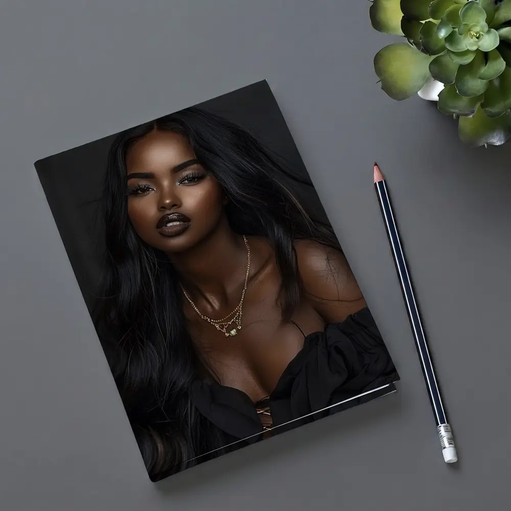 Elegant Black Woman Dark Studio Portrait – Notebooks