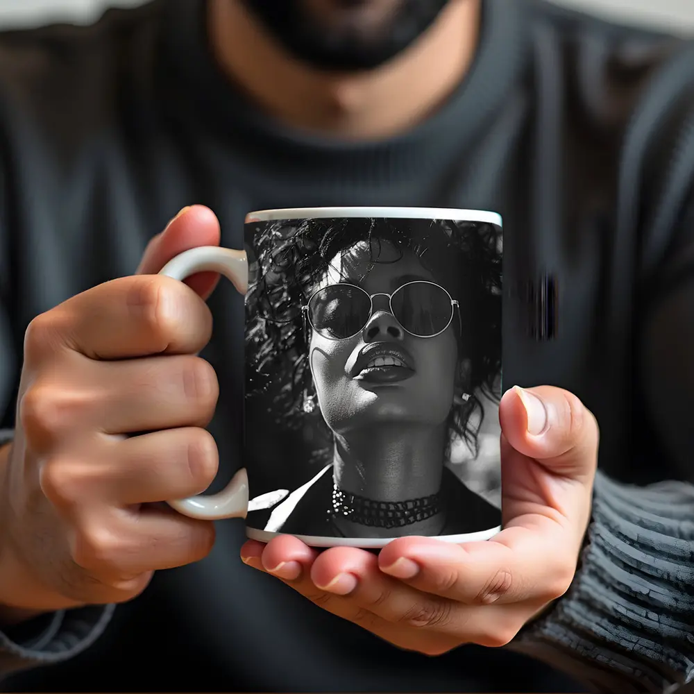Black and White Woman Portrait Sunglasses Fashion – Mugs