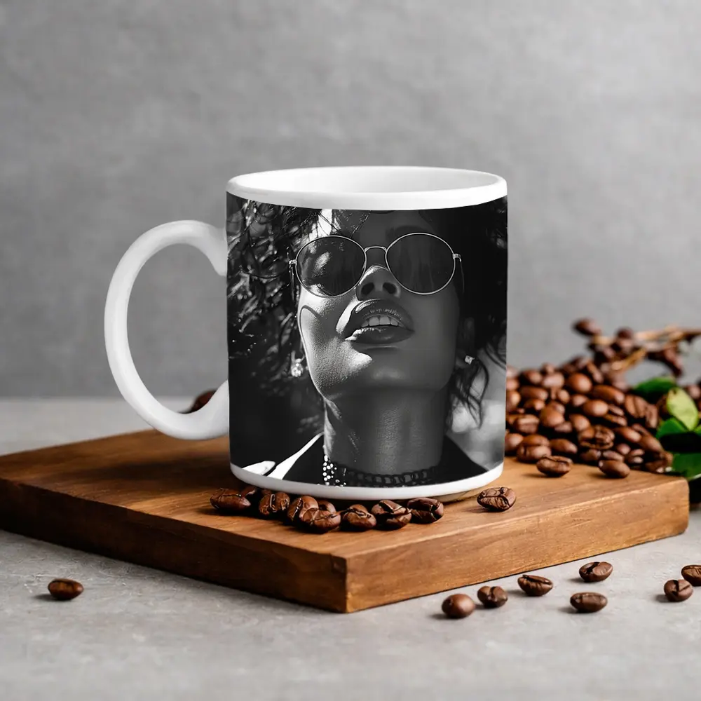 Black and White Woman Portrait Sunglasses Fashion – Mugs