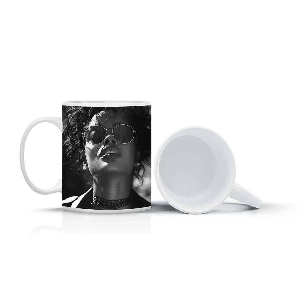Black and White Woman Portrait Sunglasses Fashion – Mugs
